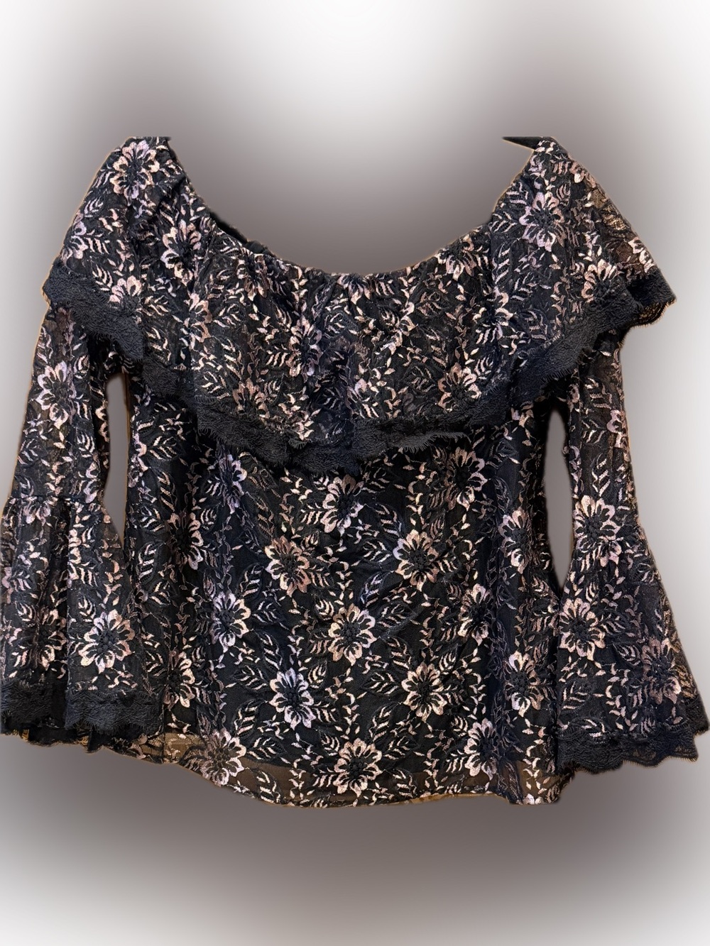 White House Black Market Lace Off Shoulder Top Floral Bell Sleeve Boho size 14